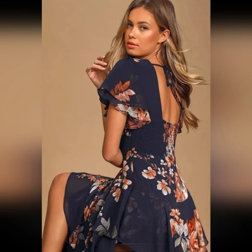 Midnight Mood Navy Blue Floral Print Tiered Maxi Dress Size XS - Picture 2 of 11